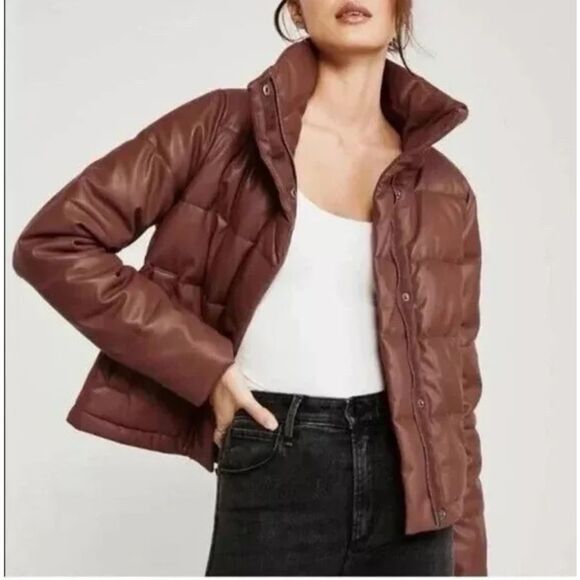 Abercrombie & Fitch Jacket Faux Leather Mini‎ Puffer Down Women XL Brown - Picture 1 of 14